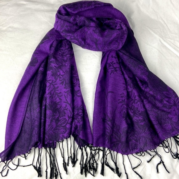Rich deep jewel tone purple and black pashmina scarf two sided weave tasseled - Picture 11 of 11